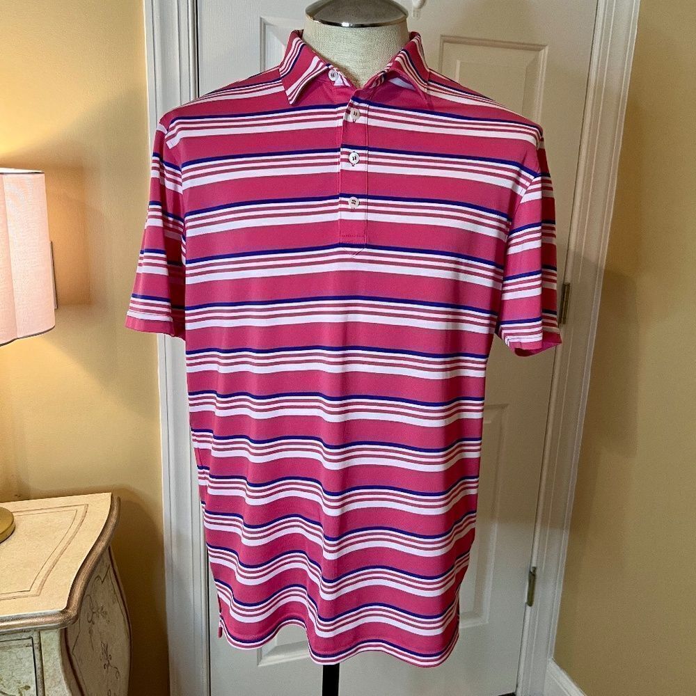 EUC Men's Johnnie-O Pink Blue White Stripe S/S Pique Polo Shirt Size MEDIUM